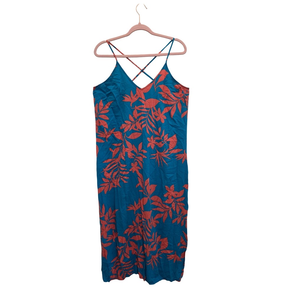 Old Navy Tropical Floral Strappy Maxi Dress L Blue Coral Resort Beach Sundress